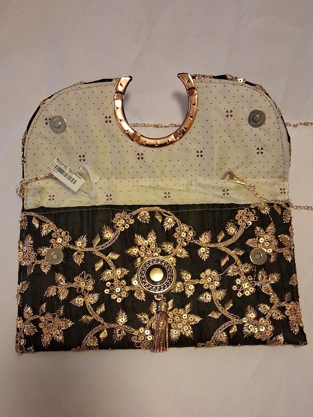 Gold Embroidered Black Evening Clutch with Tassel Accent